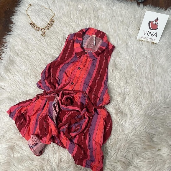 Free People Mackenzie Striped Point Collar Sleeveless Tie Wrap Top - Size Small - Picture 3 of 10